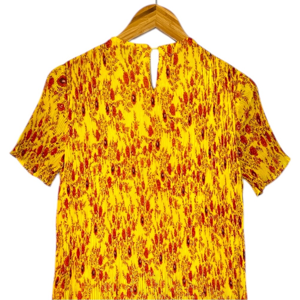 Zara Yellow Floral Pleated Chiffon Midi Dress With Short Sleeves Size Small - Picture 6 of 7